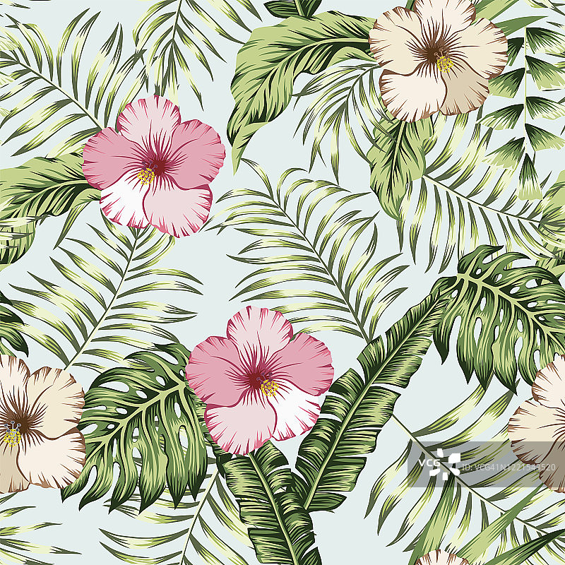 绿色的热带叶子和粉红色的木槿无缝白色背景图片素材