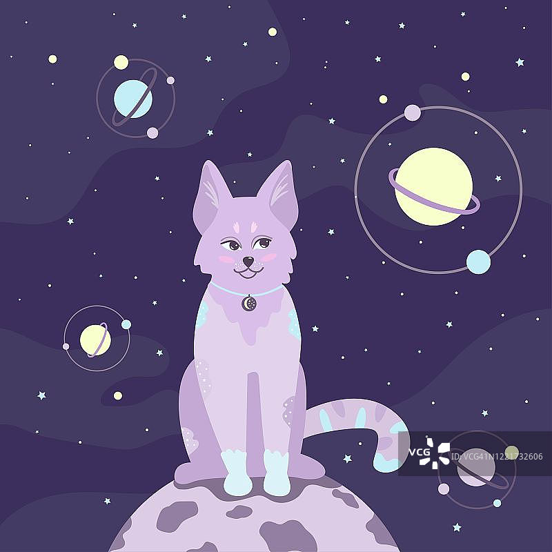 幻想和神秘的猫在太空坐在一个星球上。图片素材