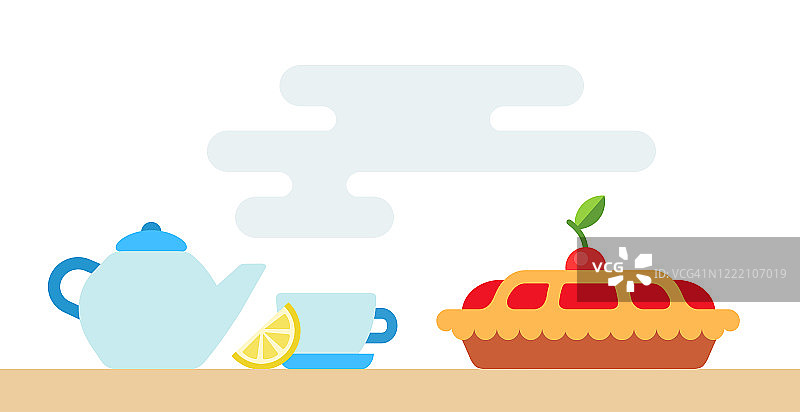 餐具为茶和樱桃饼矢量图标平面隔离图片素材