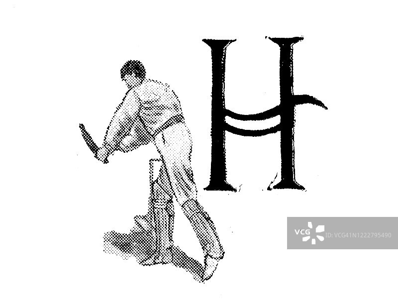 体育和休闲活动的古董插图:大写字母H和板球图片素材