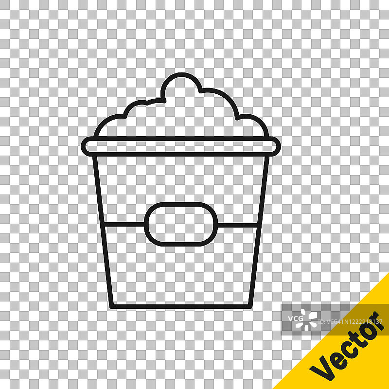 黑线爆米花在纸盒图标孤立在透明的背景。爆米花桶框。矢量图图片素材