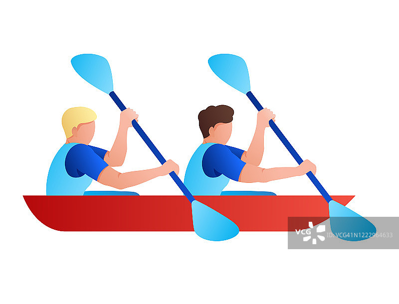 皮划艇上的划手划着桨漂在河上。团队运动竞赛，冠军。图片素材