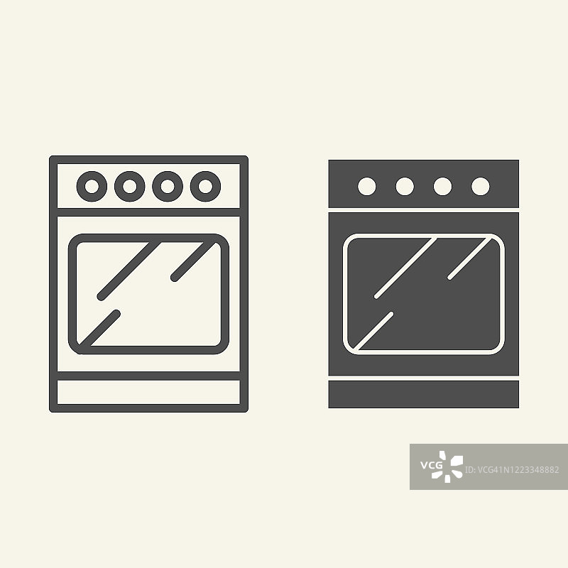炉子线和固体图标。烤箱符号，轮廓风格象形文字上的米色背景。厨房家具标识的移动概念和网页设计。矢量图形。图片素材
