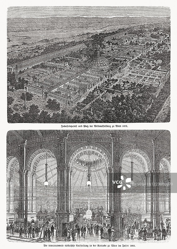 1873年和1883年维也纳工业展览会，木刻，1893年出版图片素材