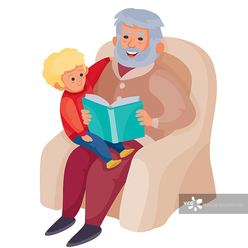 爷爷坐在一个舒适的大扶手椅上，坐在他的膝盖里面，他正在看一本童话书，矢量插图，孤立的物体在一个白色的背景图片素材