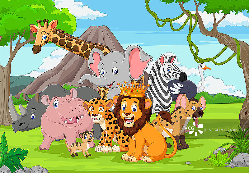 卡通野生动物在丛林中图片素材