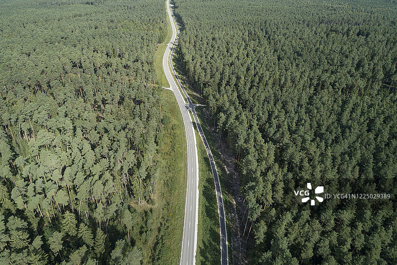 通过森林的道路鸟瞰图。法兰克尼亚,巴伐利亚,德国。图片素材