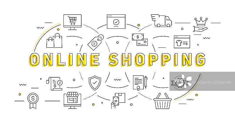 电子商务，网上购物，数字营销相关的现代线条风格插图图片素材