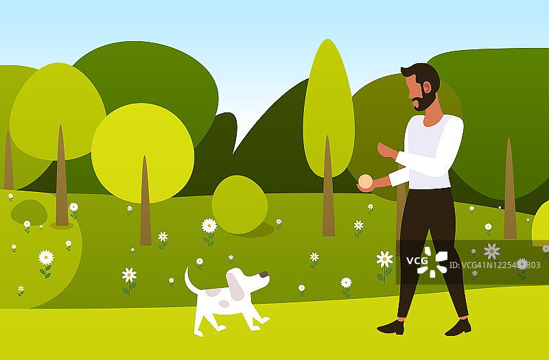 年轻人和狗在公园户外散步的人放松与宠物春天的概念图片素材