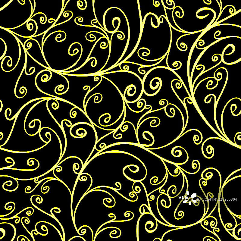 无缝矢量模式与弯曲的金色线在黑色的背景。简单的织物纹理墙纸设计。豪华时尚。图片素材