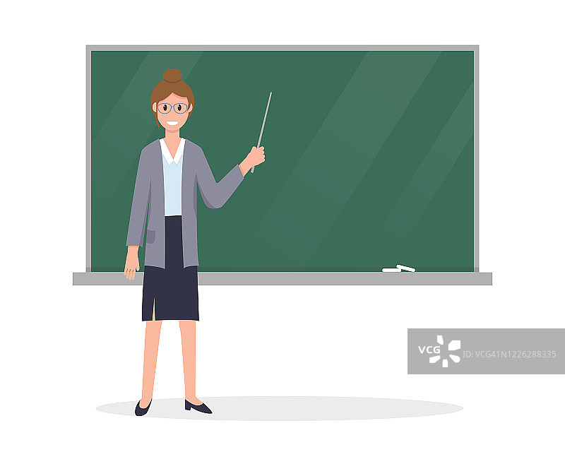在教室里，年轻的老师拿着教鞭靠近黑板。矢量插图上的白色背景。图片素材