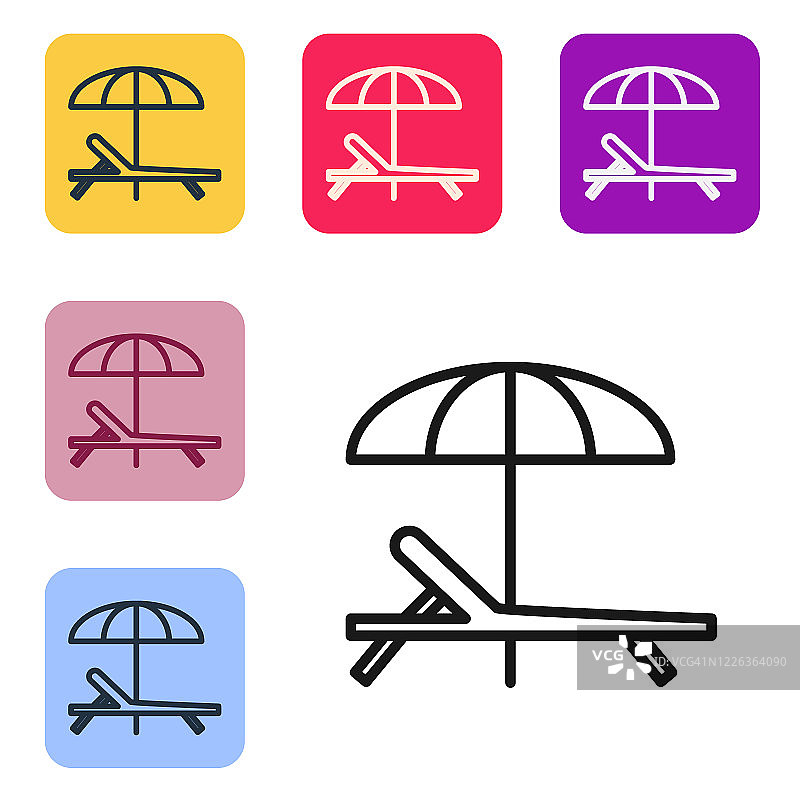 黑线太阳床图标孤立在白色背景。沙滩伞和太阳躺椅。设置图标的颜色方形按钮。矢量图图片素材