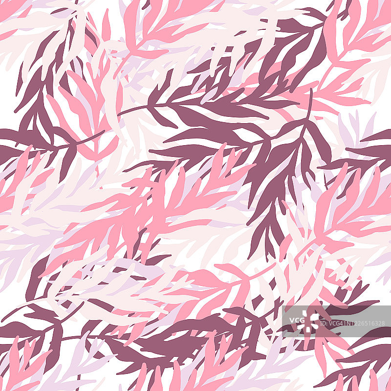 粉红色的热带树叶墙纸。摘要丛林植物剪影叶无缝图案。图片素材