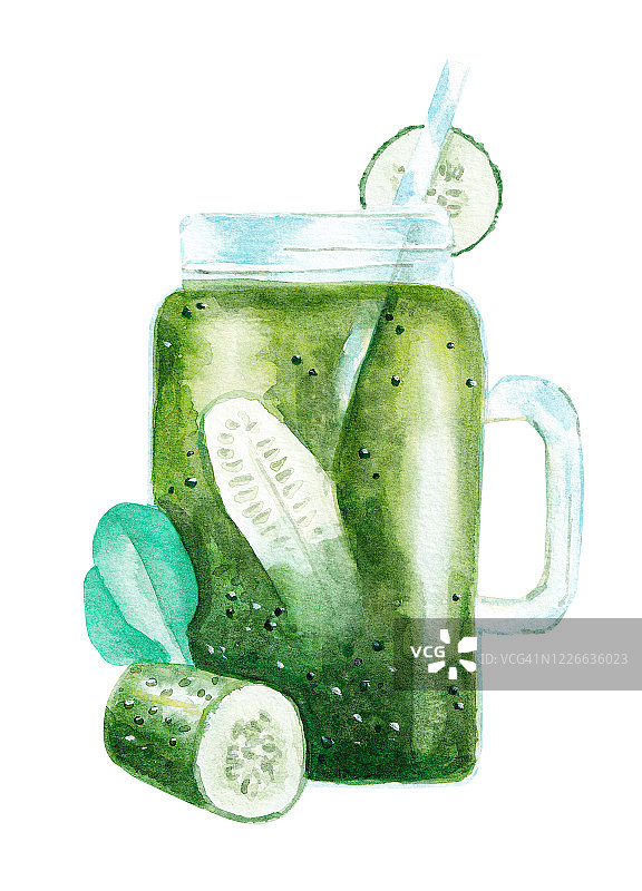 黄瓜和菠菜摇在一个梅森罐装饰饮用稻草手绘插图与剪切路径图片素材