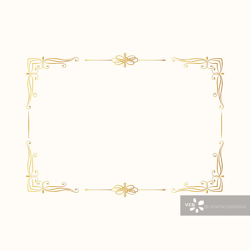 手绘金色优雅的长方形框架。矢量孤立vintage边界。Vignette黄金元素为经典的婚礼请柬。图片素材