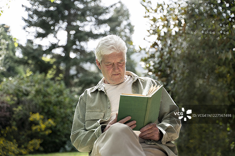 一个老人坐在后院看书图片素材