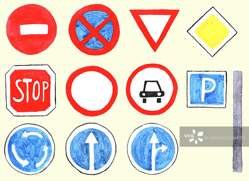 套元素，交通标志和手绘水彩交通灯，交通规则图片素材