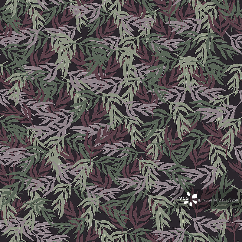 深色热带树叶墙纸。丛林植物剪影叶无缝图案上的黑色背景。图片素材