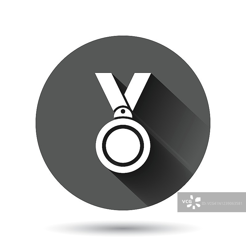 奖牌图标在平坦的风格。奖标志矢量插图上的黑色圆形背景与长阴影效果。奖杯奖励圈按钮经营理念。图片素材