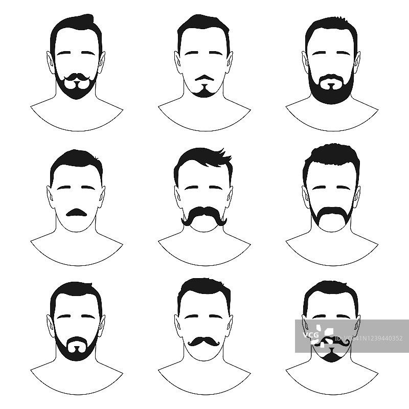 男人的发型，胡子，小胡子，时髦的发型向量黑色剪影设置孤立在白色的背景。图片素材