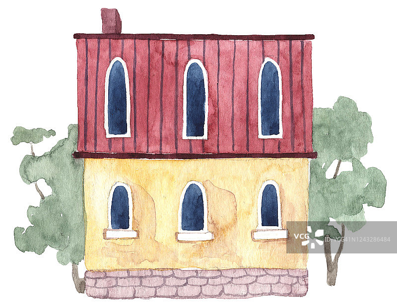手绘水彩房子与阁楼屋顶和花园的背景图片素材