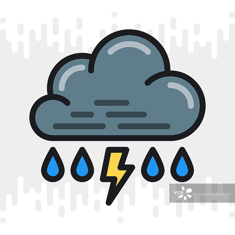 雨与雷电或雷暴图标的天气预报应用程序或小部件。云与雨滴和闪电。彩色版本的浅灰色背景图片素材