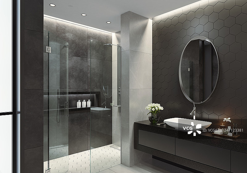现代黑白浴室与六角形瓷砖图片素材