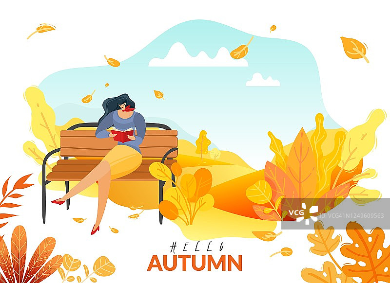 秋天人们海报。一个女人坐在秋天公园的长椅上读一本关于秋天植物的书图片素材