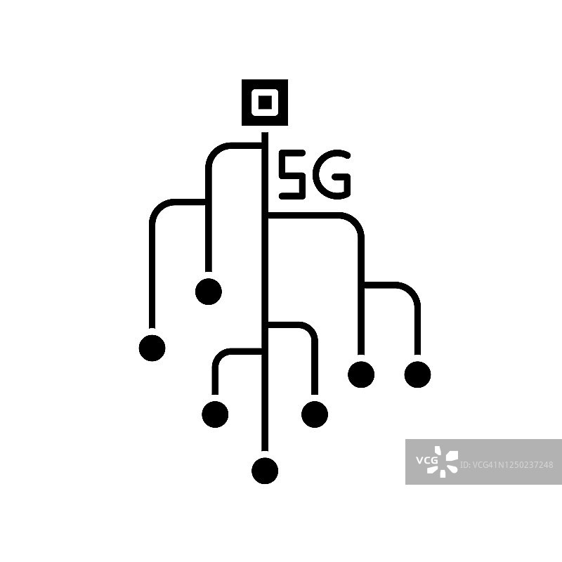 5G芯片黑色字形图标。芯片、微电路。移动蜂窝网络。无线技术。快速连接。白色空间上的剪影符号。向量孤立的插图图片素材