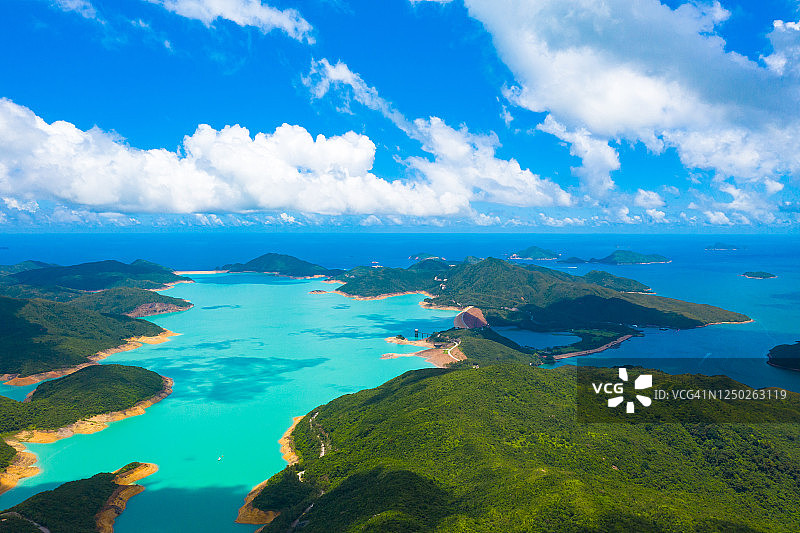 香港西贡半岛东南部万宜水塘的无人机鸟瞰图，户外，白天图片素材