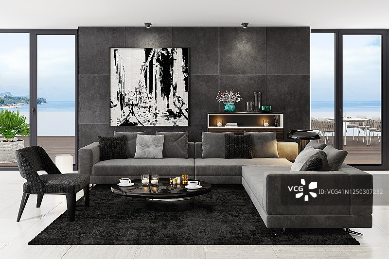 豪华的黑色室内客厅与现代极简主义意大利风格家具图片素材