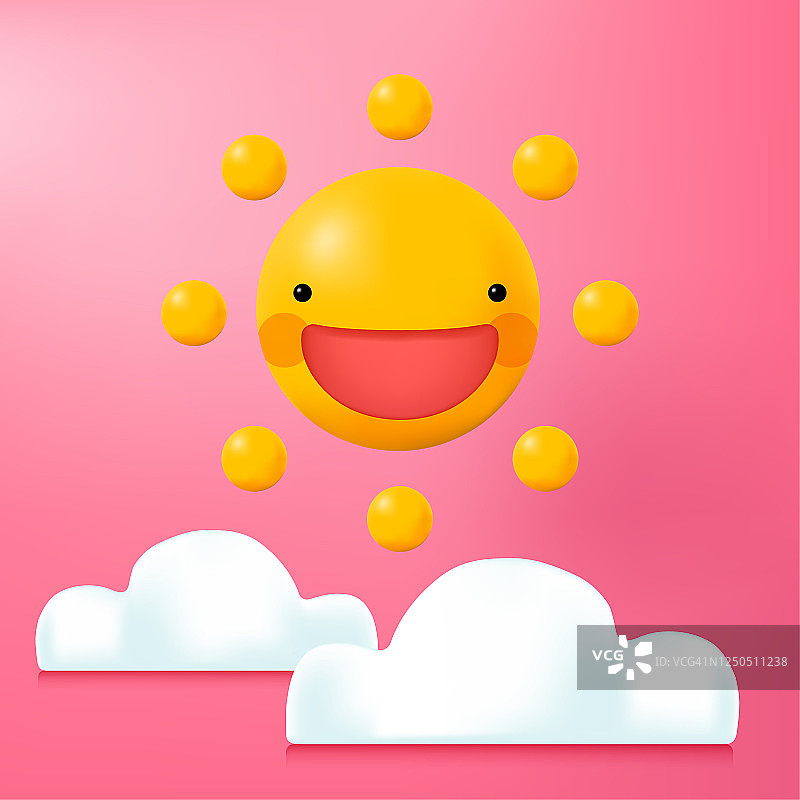 3D插图微笑的太阳卡通与云彩在粉红色的背景图片素材