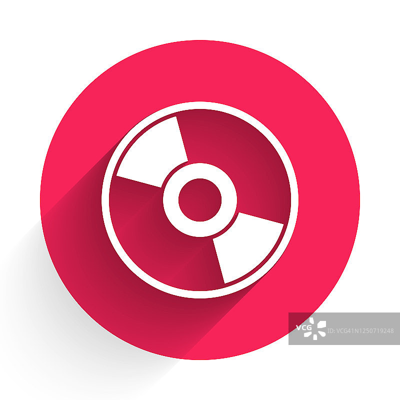 白色CD或DVD磁盘图标隔离与长阴影。光盘的迹象。红色圆圈按钮。矢量图图片素材