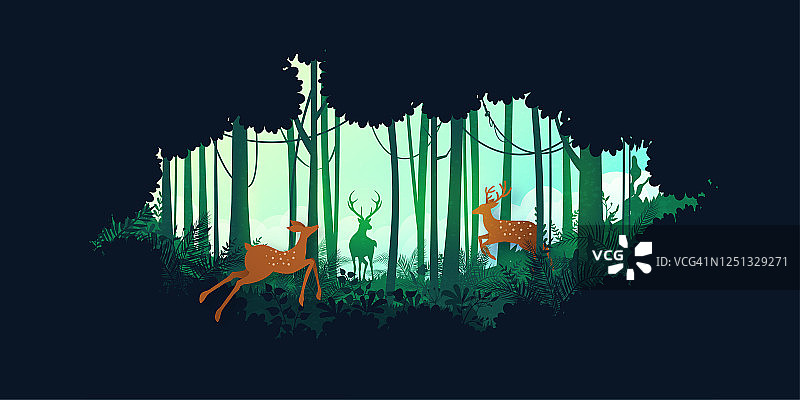 绿色剪影丛林热带雨林和鹿野生动物图片素材