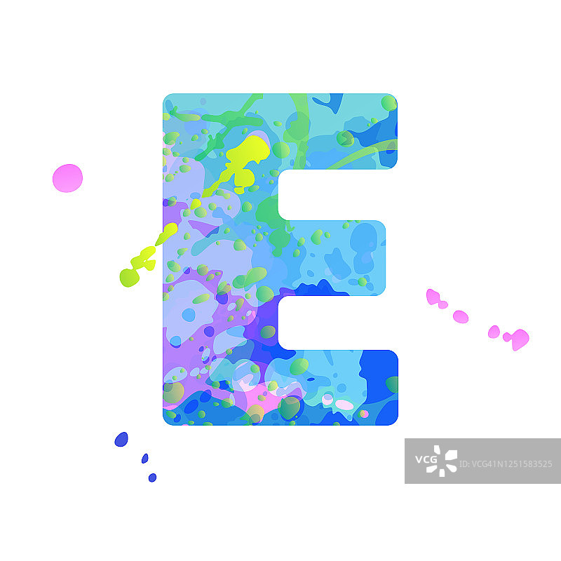 用蓝色、绿色、粉色颜料的液体点效果加粗字母E图片素材