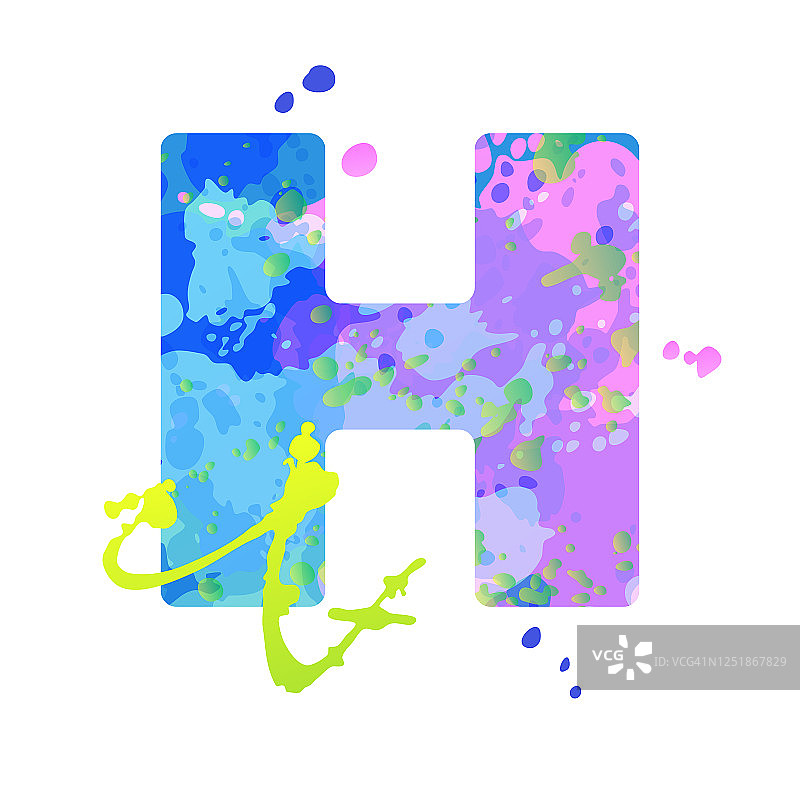 粗体字母H与液体点效果的油漆在蓝色，绿色，粉红色的颜色图片素材