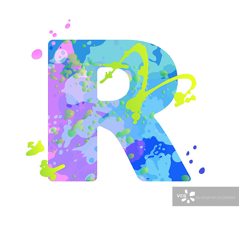 用蓝色、绿色、粉色的液体点绘制的粗体字母R效果图片素材