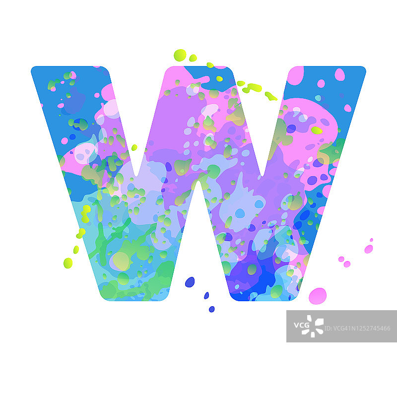 粗体字母W与效果的液体点油漆在蓝色，绿色，粉红色的颜色图片素材