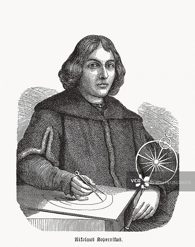 尼古拉·哥白尼(1473-1543)，普鲁士-波兰数学家和天文学家，木版画，1893年出版图片素材