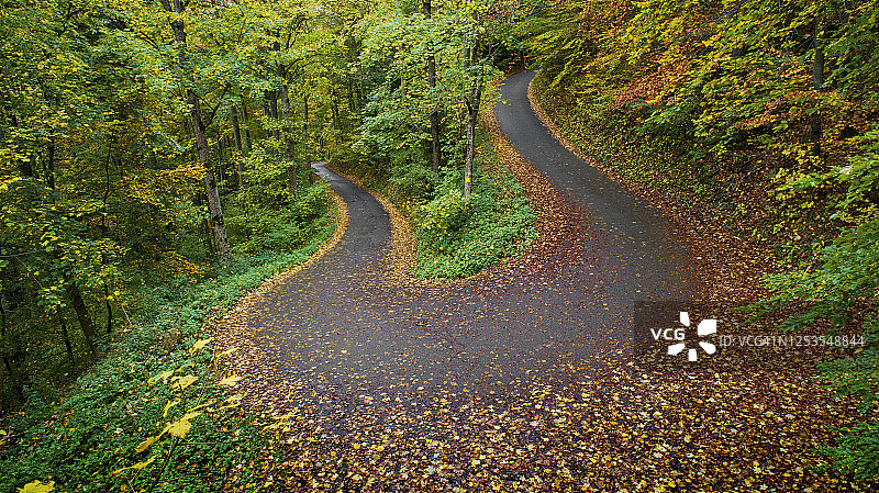鸟瞰图的发夹曲线在森林与秋天的颜色图片素材