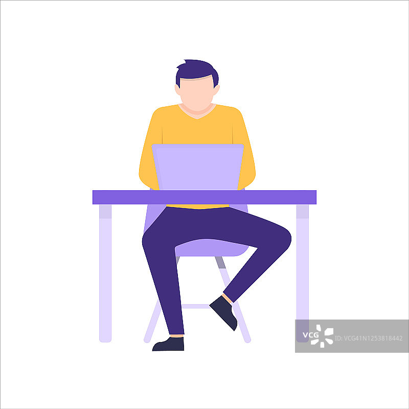 在一间办公室里工作，一个男人在一张桌子前工作，在电脑前工作。矢量插图孤立在白色背景图片素材