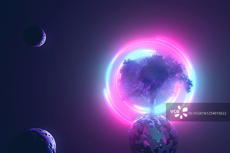 抽象的霓虹背景，神秘的空间艺术与树在粉红色的蓝色紫外光在云环团和萤火虫星星云发光，3d插图与复制空间图片素材