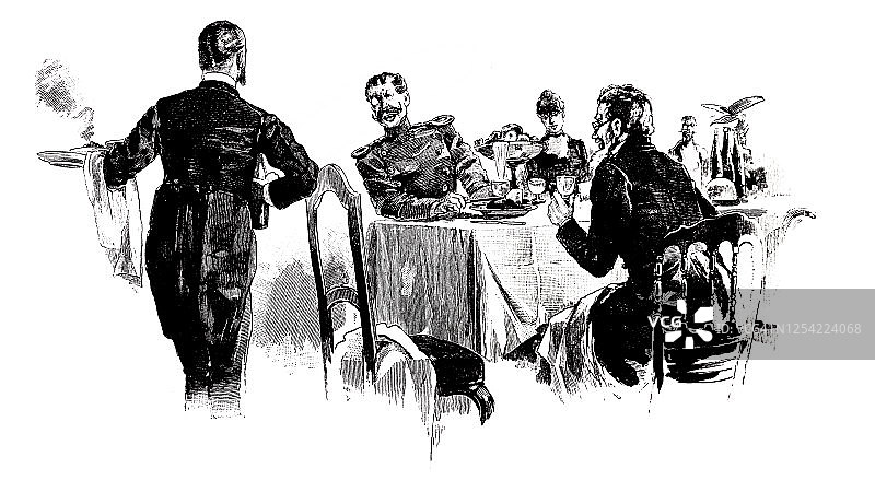 一个军官和一个服务员在餐厅的场景图片素材