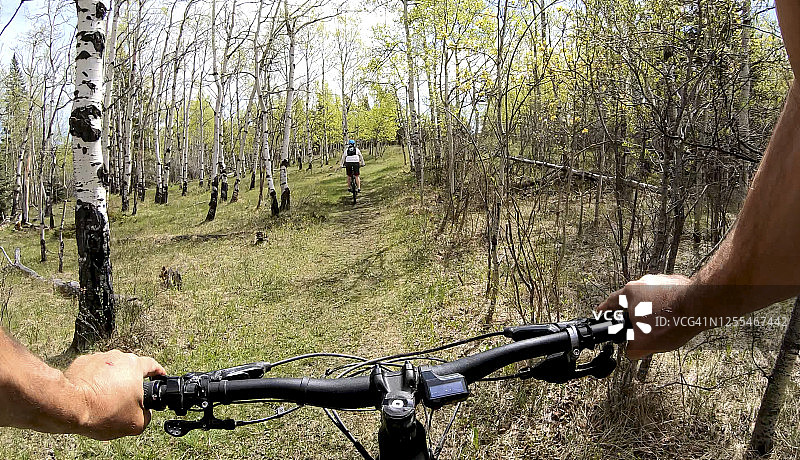 一对夫妇骑着电动自行车穿过森林图片素材