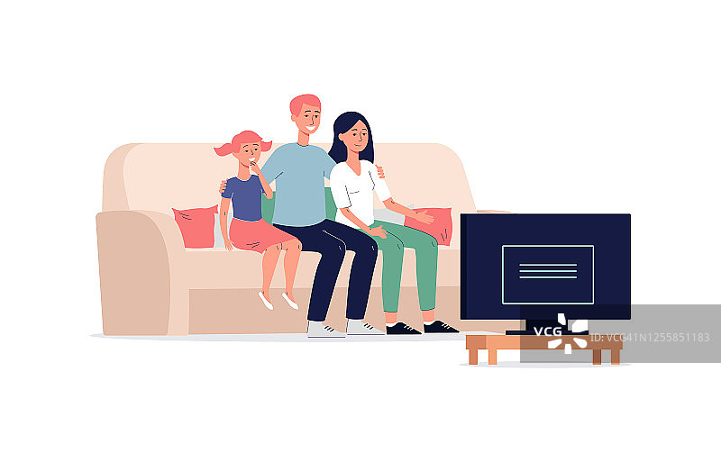 家人一起看电视节目，平矢插画孤立无援。图片素材