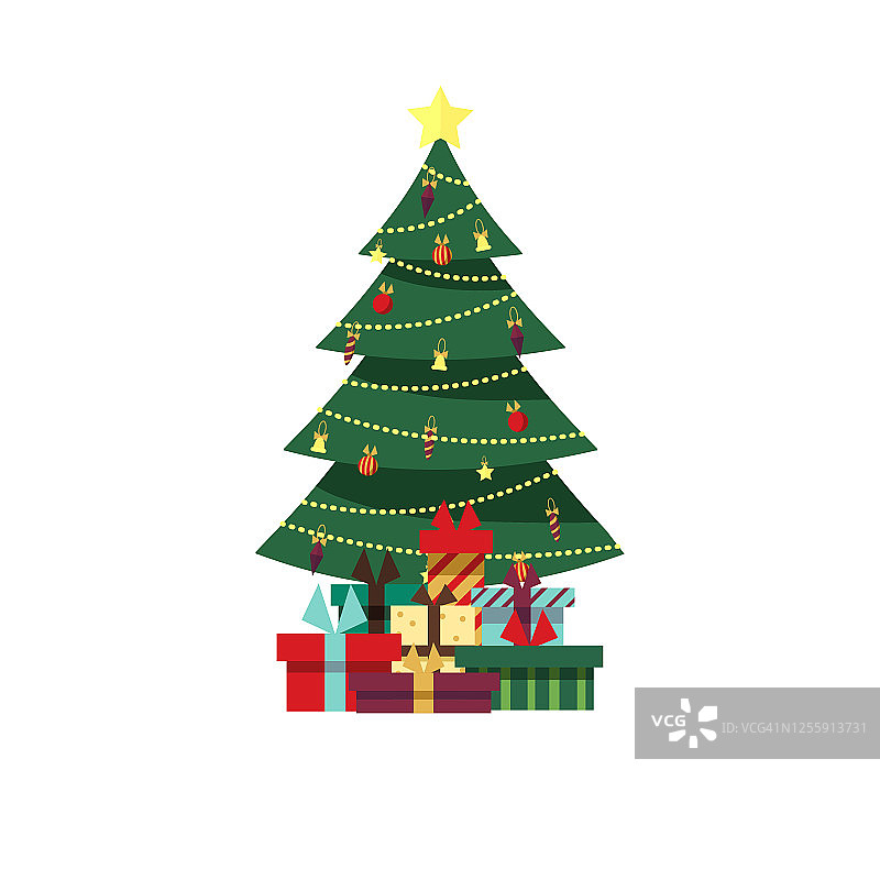 用礼品盒，灯，装饰球和灯装饰圣诞树。圣诞快乐;恭贺新禧。矢量插图在平面和卡通风格图片素材