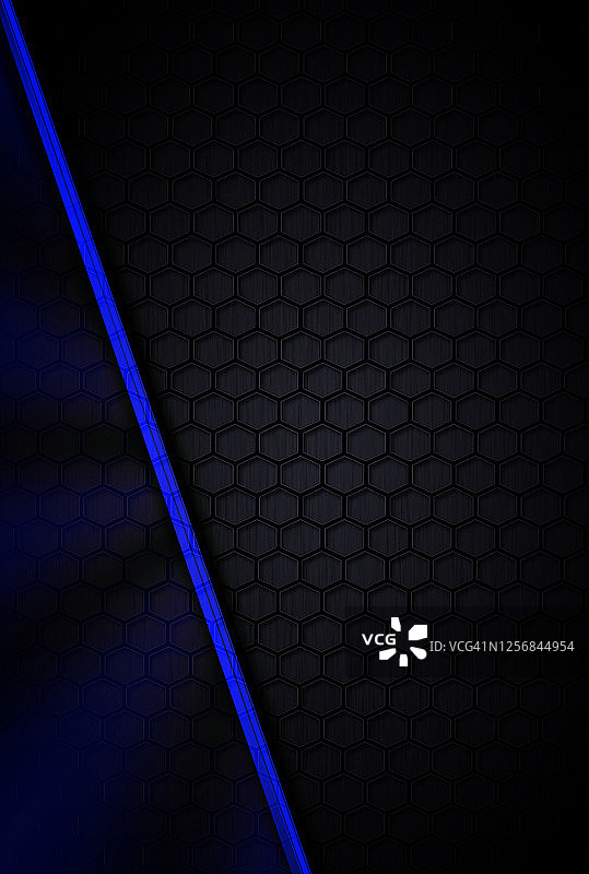 黑色金属纹理背景与六边形形状和蓝色创意带。图片素材