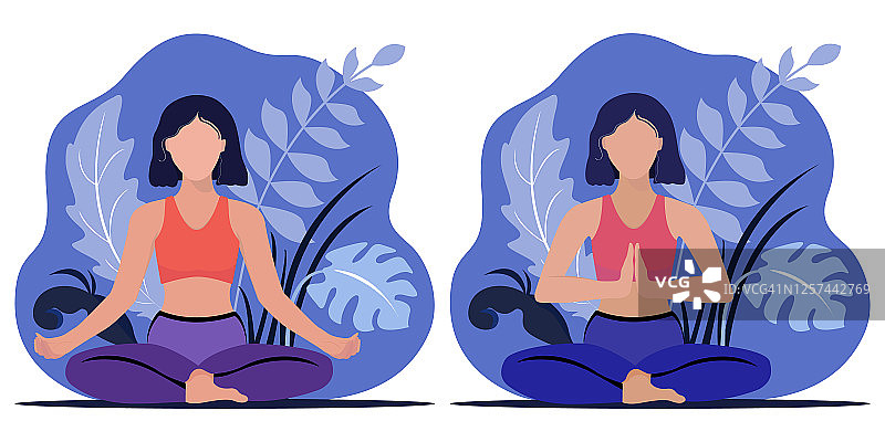 时尚矢量插图的一个女人练习瑜伽。瑜伽和冥想。女人坐在不同的位置。国际瑜伽的一天。集图片素材