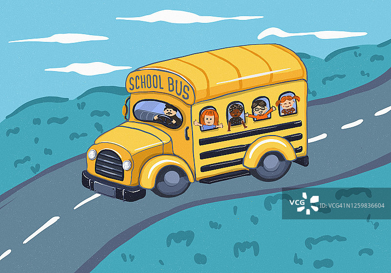 黄色辆校车。回到学校，快乐的孩子插画在路上图片素材