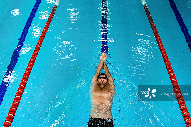 游泳者漂浮在游泳池，俯视图。仰泳的人图片素材